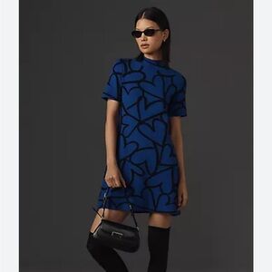 Anthropologie The Nina Short Sleeve Mock Neck Mod Mini Dress Blue Black XSP NEW